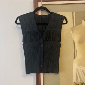 Vintage Pleats Please by Issey Miyake pleated fringe top navy